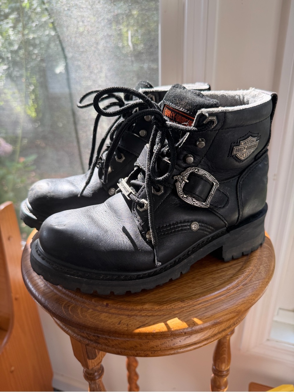 Harley‑Davidson Black Leather Lace-Up Motorcycle Boots with Buckle